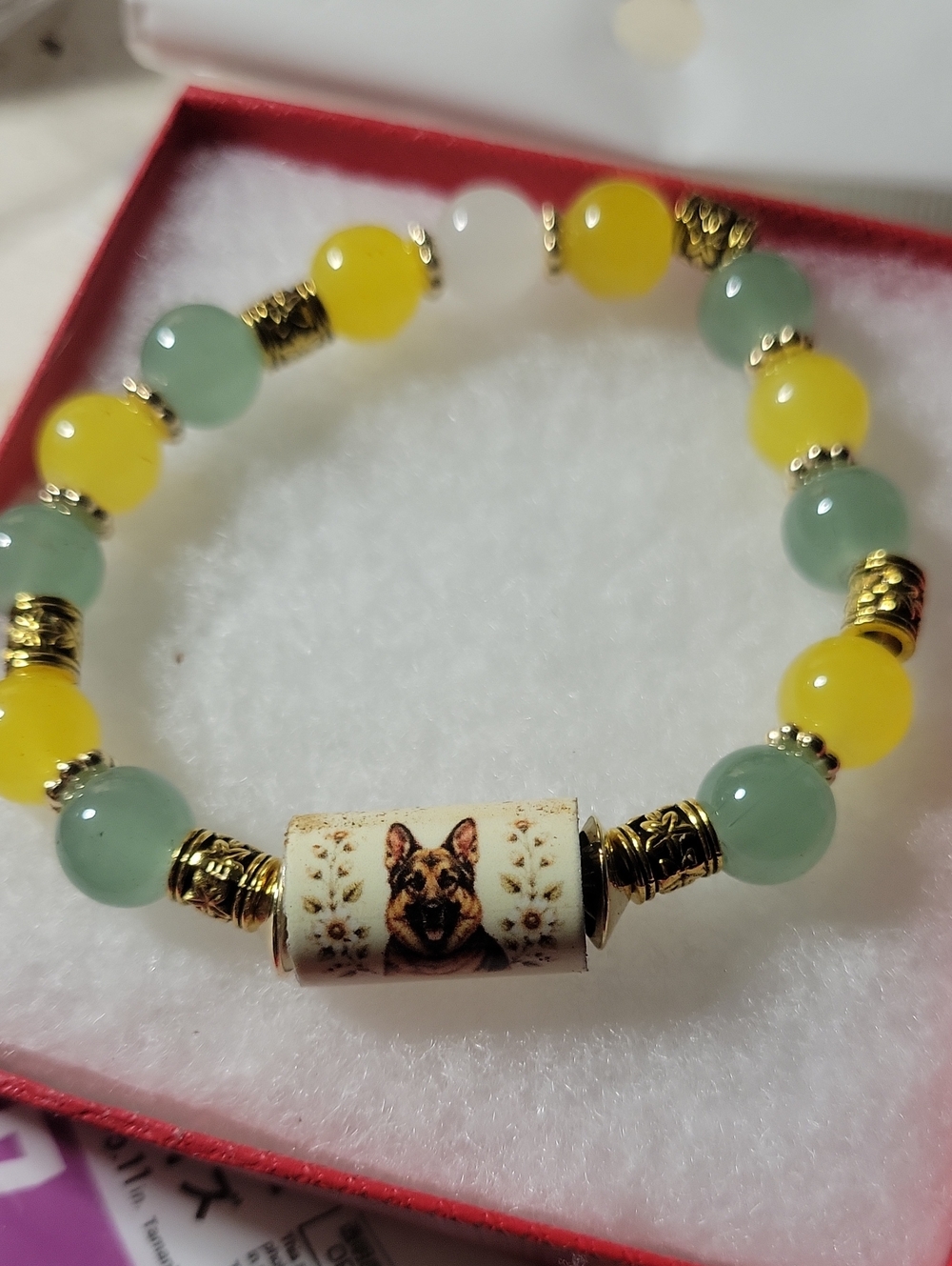 Handcrafted Yellow & Green Beaded Bracelet with German Shepherd Accent